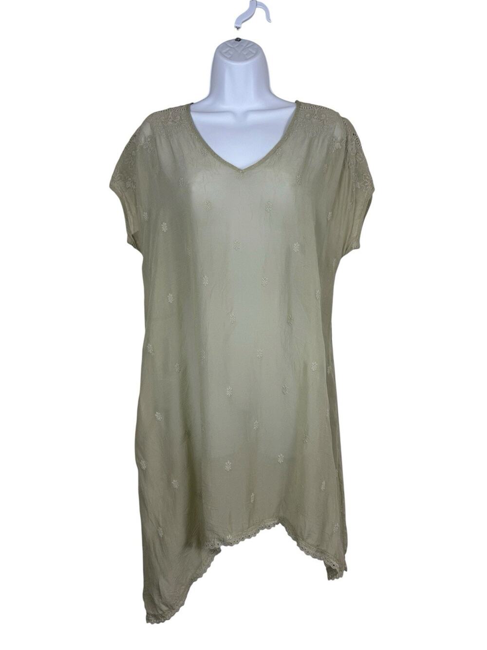 Johnny Was Dress Medium Sage Green Silk Embroidered Boho Tunic Eyelet Lace Hem